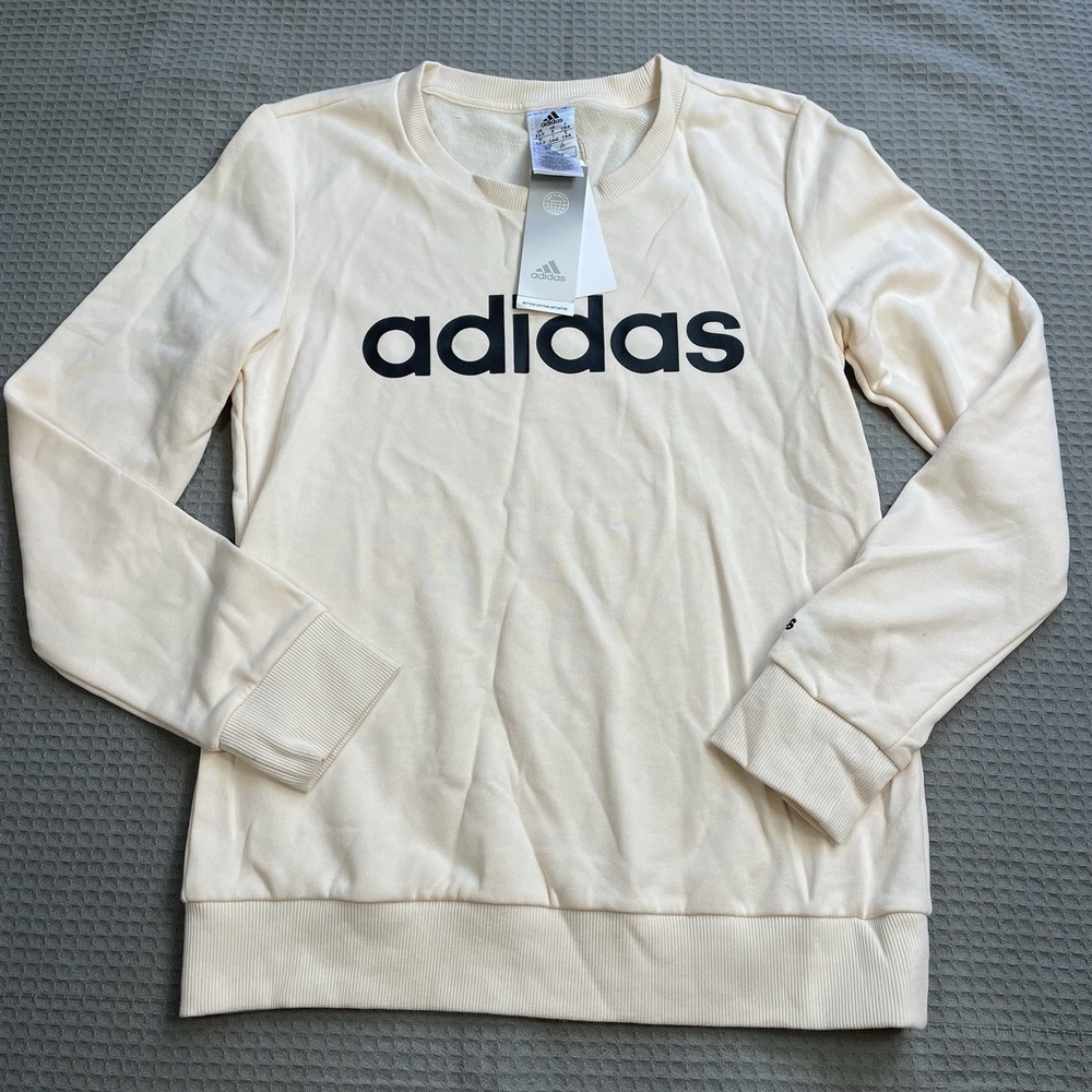 New Adidas Sweatshirt Small Womens Linear Logo French Terry Cream
